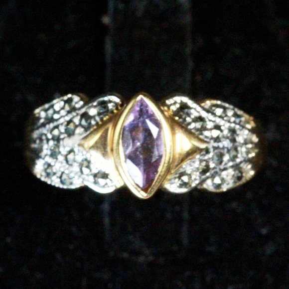 Contemporary Sterling Silver Hallmarked CI Amethyst  Marcasites Two Tone Ring - Picture 1 of 7
